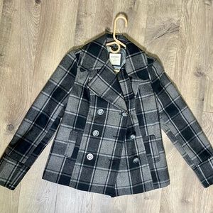 Old Navy Black &Grey Plaid Button Pea Coat